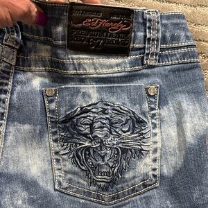 Ed Hardy Distressed Denim Shorts with Tiger Embroidery